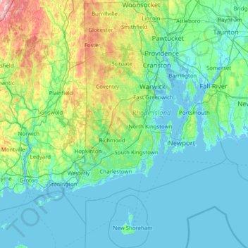 Carte topographique Rhode Island, altitude, relief