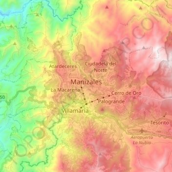 Carte topographique Perímetro Urbano Manizales, altitude, relief