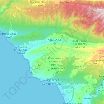 Carte topographique Taghazout ⵜⴰⵖⴰⵣⵓⵜ تغازوت, altitude, relief