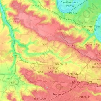 Carte topographique Plaine de Versailles, altitude, relief