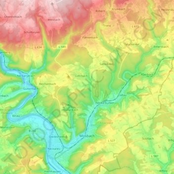 Carte topographique Mosbach, altitude, relief