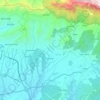Carte topographique Taghzout, altitude, relief