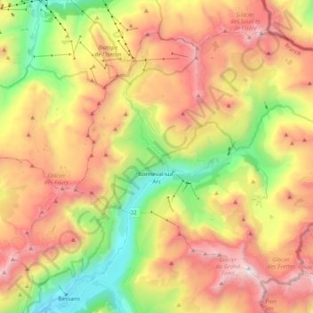 Carte topographique Bonneval-sur-Arc, altitude, relief