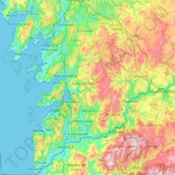Carte topographique Pontevedra, altitude, relief