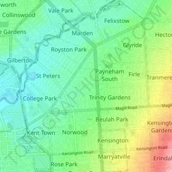 Carte topographique The City of Norwood Payneham and St Peters, altitude, relief