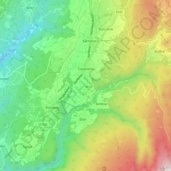Carte topographique Cavareno, altitude, relief