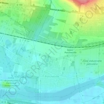Carte topographique Porcheville, altitude, relief