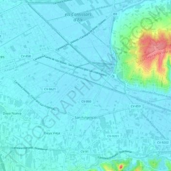 Carte topographique San Fulgencio, altitude, relief