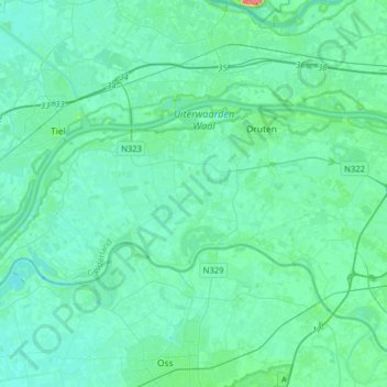 Carte topographique Land van Maas en Waal, altitude, relief