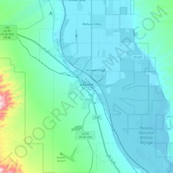 Carte topographique Needles, altitude, relief