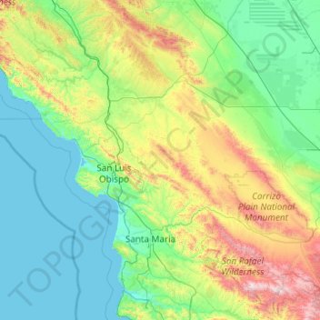 Carte topographique San Luis Obispo County, altitude, relief