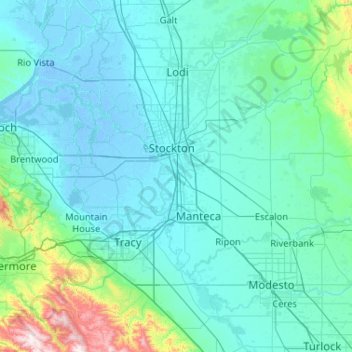 Carte topographique San Joaquin County, altitude, relief