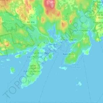 Carte topographique Sambro, altitude, relief