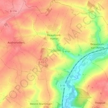 Carte topographique Beaumont-Hamel, altitude, relief