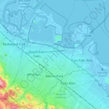 Carte topographique Menlo Park, altitude, relief