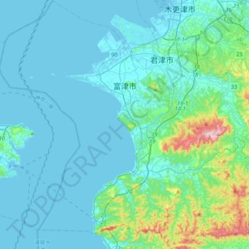 Carte topographique Futtsu, altitude, relief