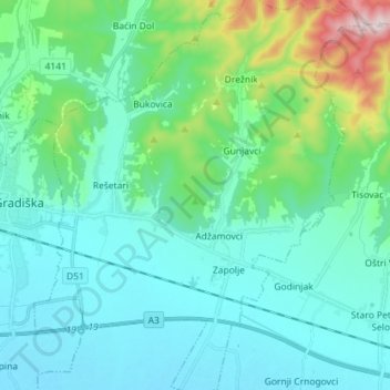 Carte topographique Općina Rešetari, altitude, relief