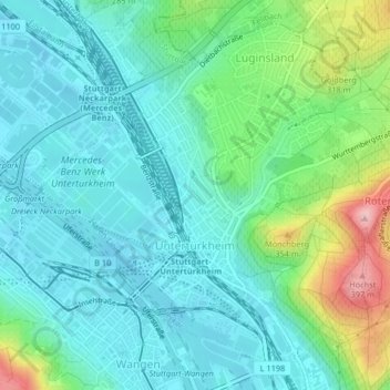 Carte topographique Untertürkheim, altitude, relief