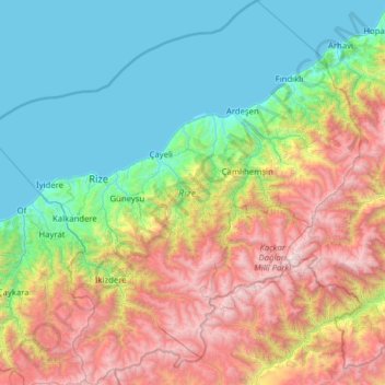 Carte topographique Rize, altitude, relief