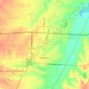 Carte topographique Bonham, altitude, relief
