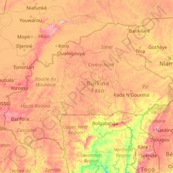 Carte topographique Burkina Faso, altitude, relief