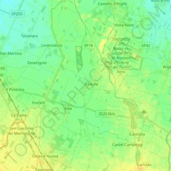Carte topographique Sala Bolognese, altitude, relief