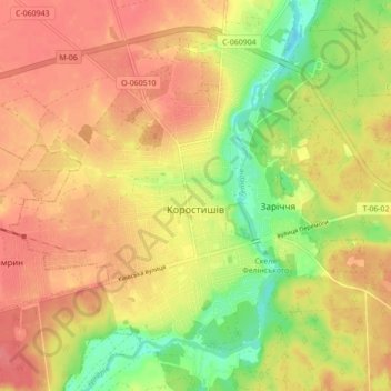 Carte topographique Korostyshiv, altitude, relief