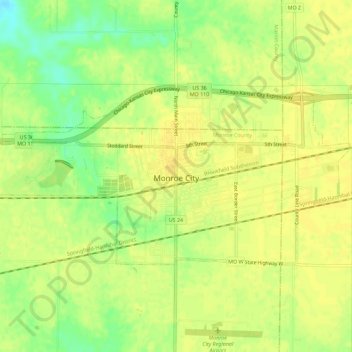 Carte topographique Monroe City, altitude, relief