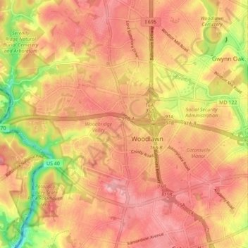 Carte topographique Woodlawn, altitude, relief