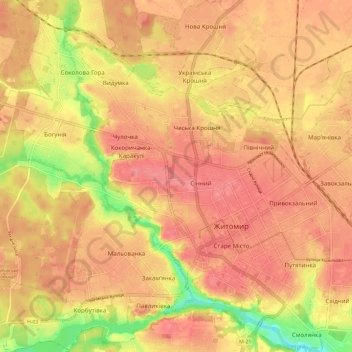 Carte topographique Bohunskyi Raion, altitude, relief