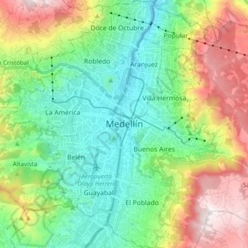 Carte topographique Perímetro Urbano Medellín, altitude, relief