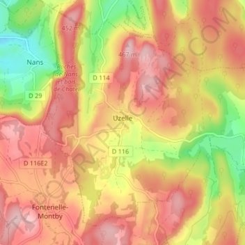 Carte topographique Uzelle, altitude, relief