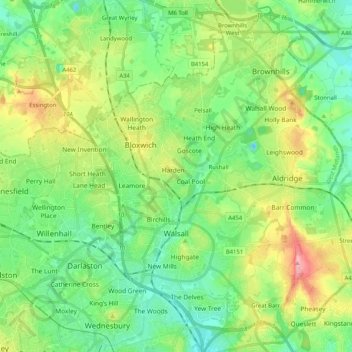Carte topographique Walsall, altitude, relief