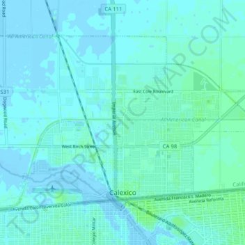 Carte topographique Calexico, altitude, relief