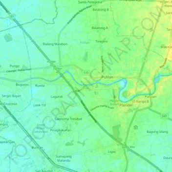 Carte topographique Angat River, altitude, relief
