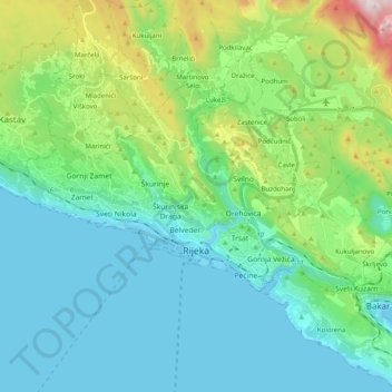 Carte topographique Grad Rijeka, altitude, relief