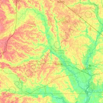 Carte topographique Southampton County, altitude, relief
