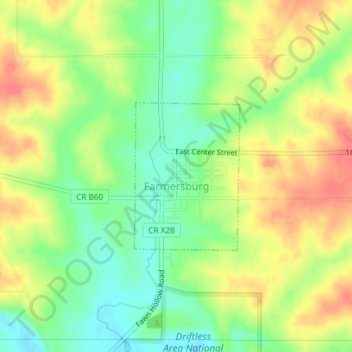 Carte topographique Farmersburg, altitude, relief