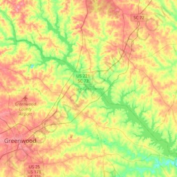 Carte topographique Lake Greenwood, altitude, relief