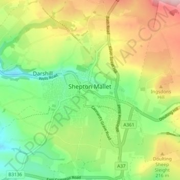 Carte topographique Shepton Mallet, altitude, relief