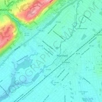Carte topographique North Plainfield, altitude, relief