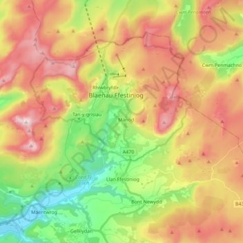 Carte topographique Ffestiniog, altitude, relief