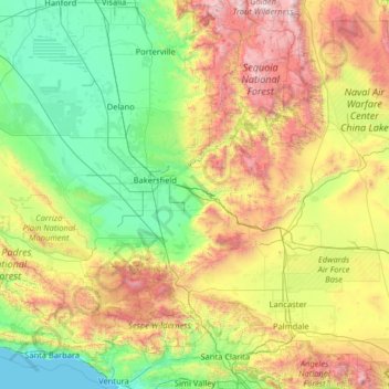 Carte topographique Kern County, altitude, relief