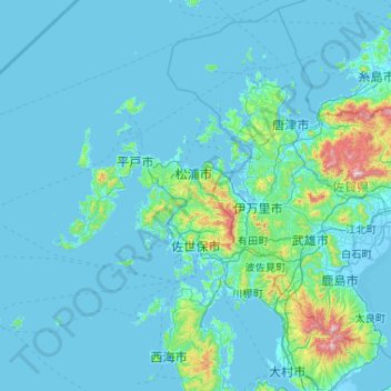 Carte topographique Sasebo, altitude, relief