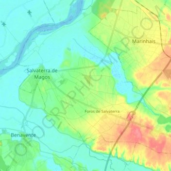 Carte topographique Salvaterra de Magos e Foros de Salvaterra, altitude, relief