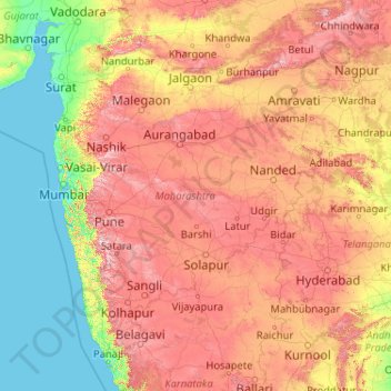 Carte topographique Maharashtra, altitude, relief