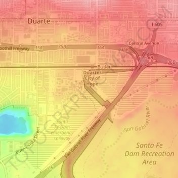 Carte topographique Santa Fe Dam, altitude, relief