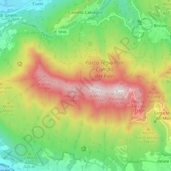 Carte topographique Campo dei Fiori, altitude, relief