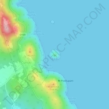 Carte topographique Veli Osir, altitude, relief