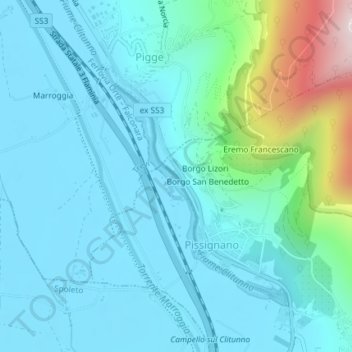Carte topographique Fiume Clitunno, altitude, relief